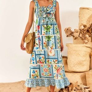 Farm Rio Tropical Tiles Square Neck Maxi Dress